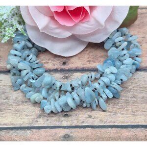 Muti Strand Natural Blue Aquamarine Chip Stone Bracelet Boho Hippie Nature Lover
